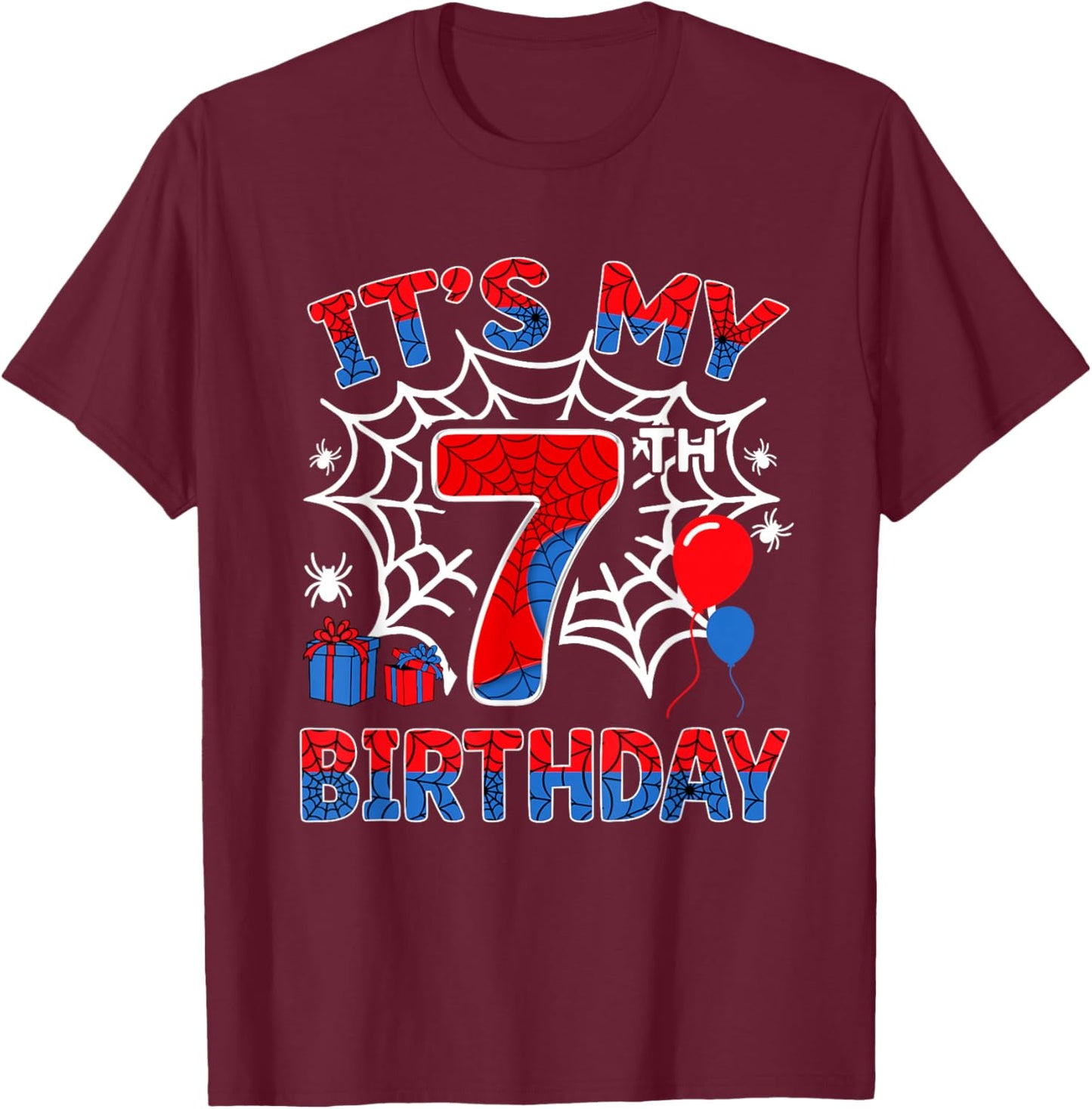 Its My 7th Birthday Boy 7 Year Old Spider Web Birthday Party T-Shirt - T-Shirt | Maroon