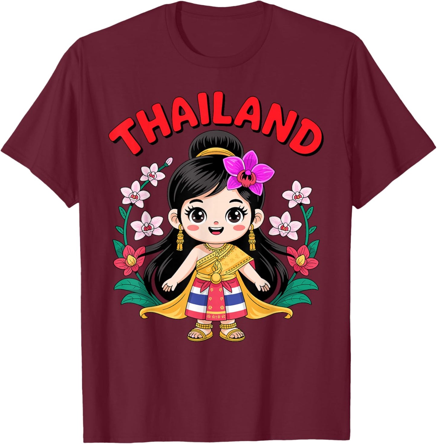 Cute Thailand Girl Traditional Dress with Orchids for Kids T-Shirt - T-Shirt | Maroon