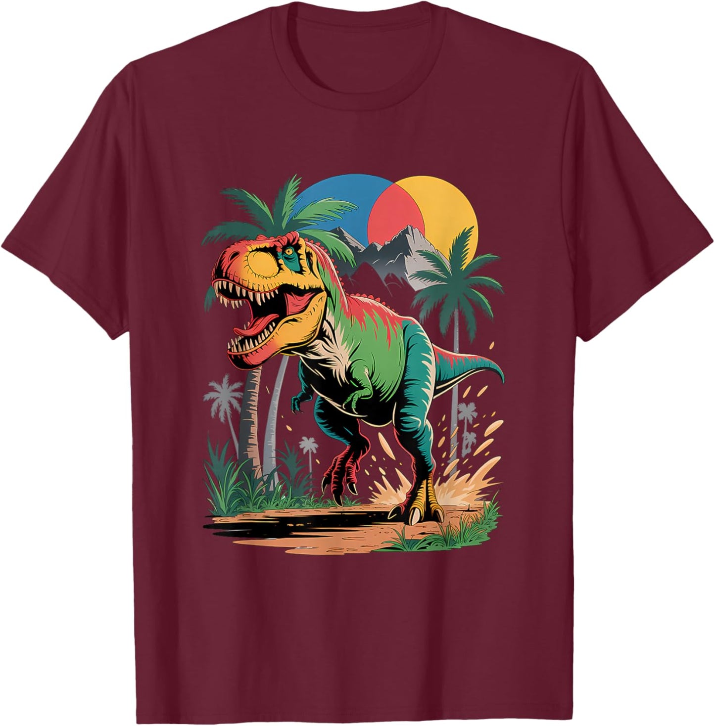 Retro Tropical T-Rex Paradise Design T-Shirt - T-Shirt | Maroon