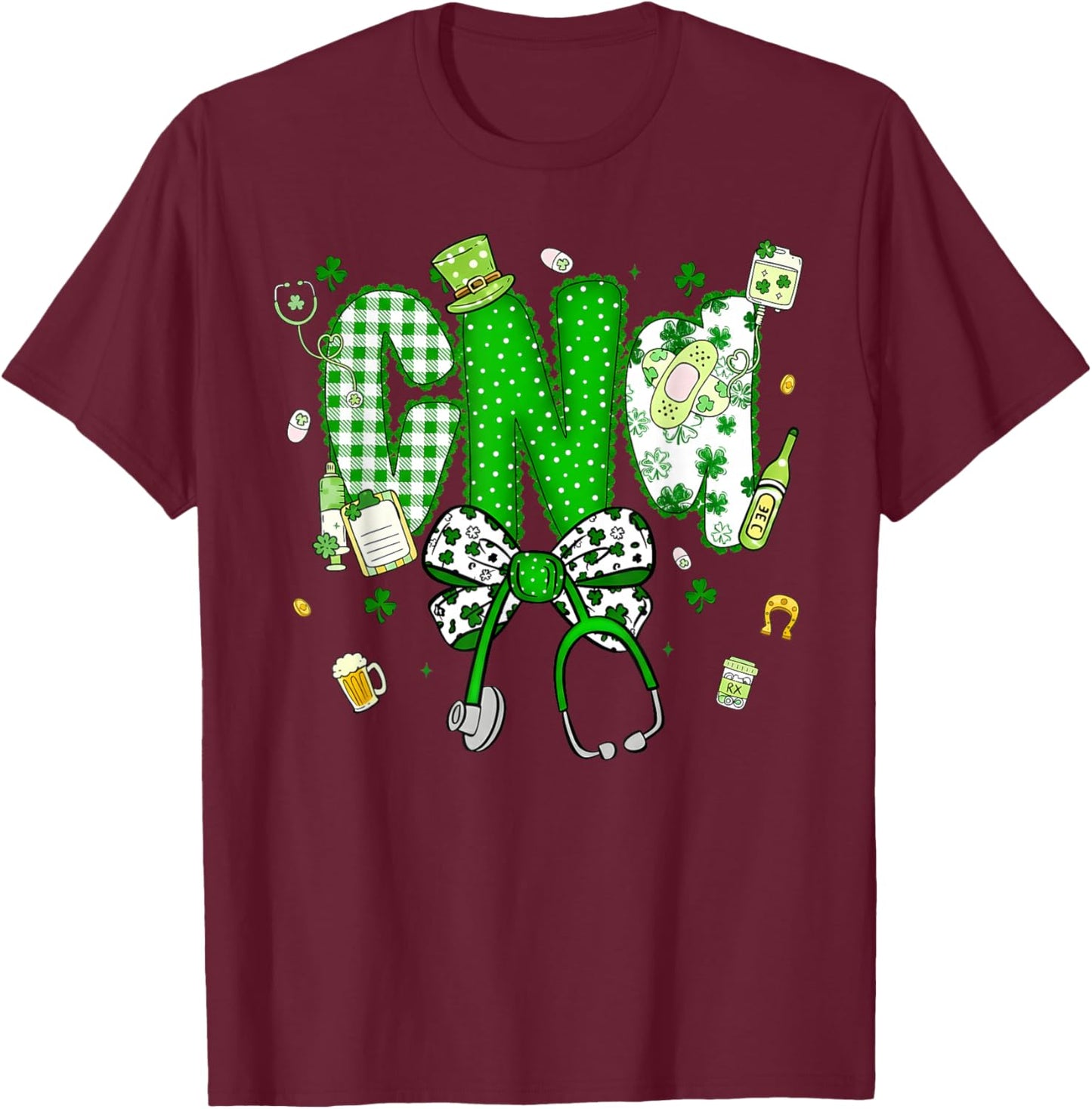Patrick's Day CNA Coquette Bow Stethoscope Shamrock T-Shirt - T-Shirt | Maroon