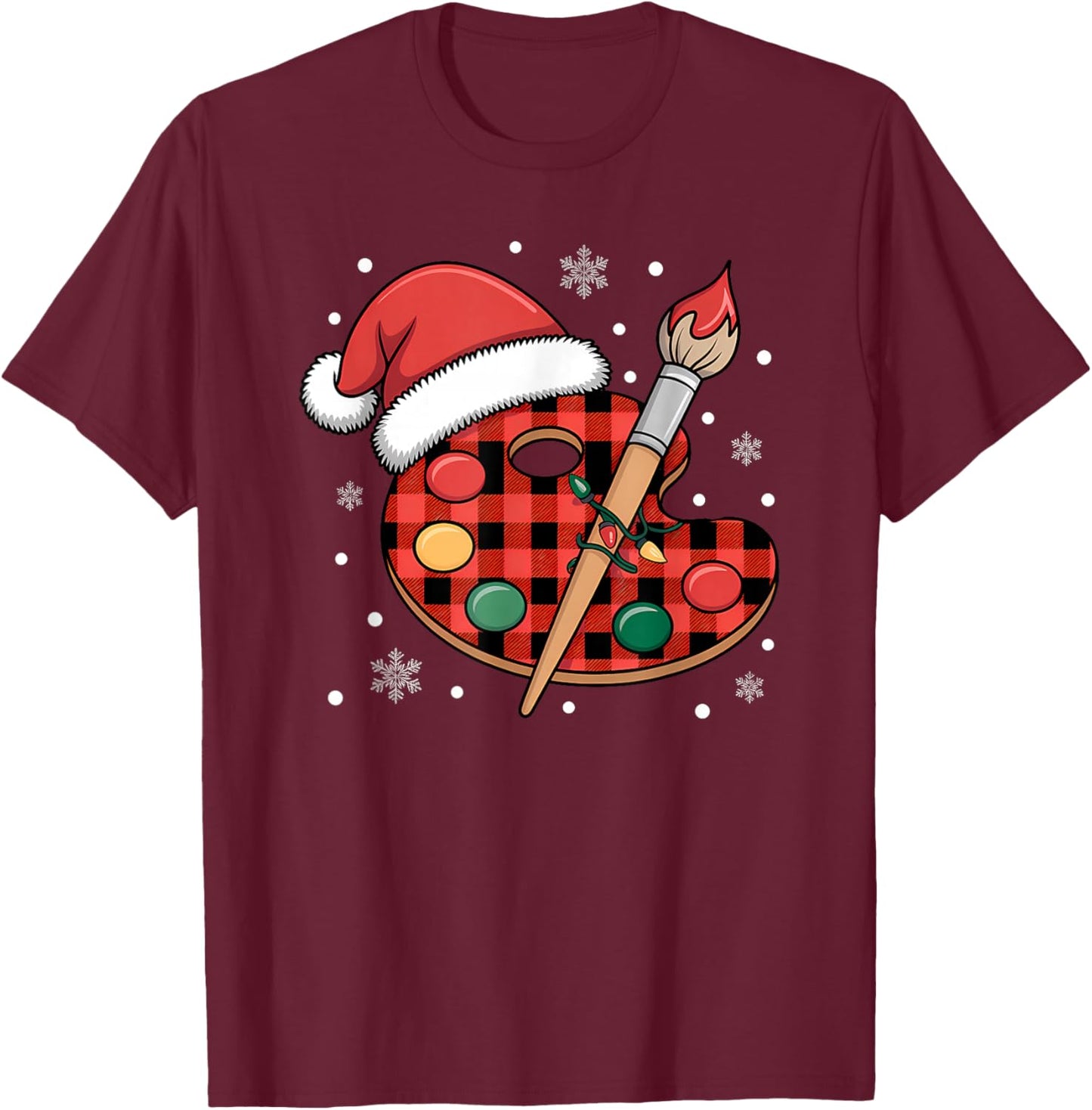 Buffalo Plaid Artist Palette with Santa Hat Holiday Painting T-Shirt - T-Shirt | Maroon