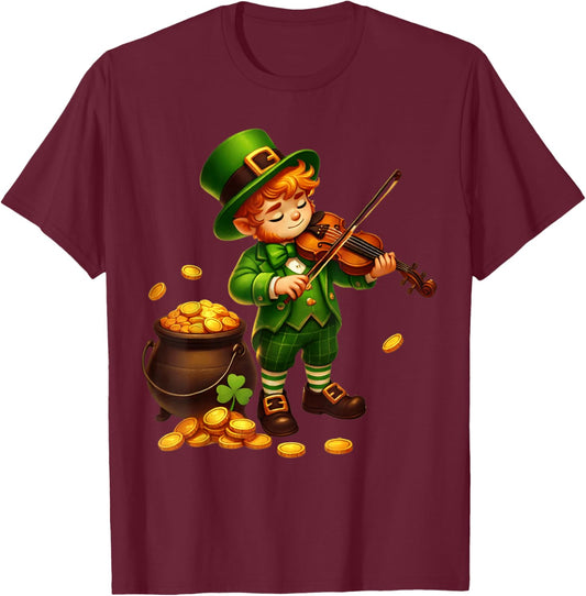 Cute Leprechaun Violin St Patricks Day Violinist Boys Kids T-Shirt - T-Shirt | Maroon