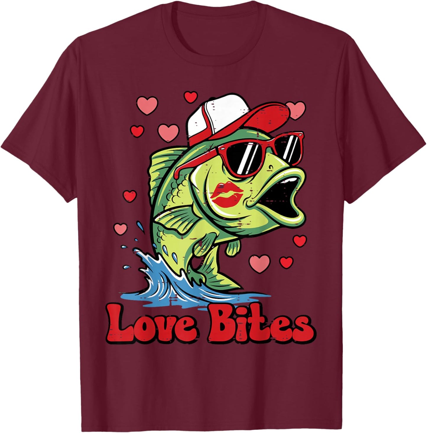 Valentines Day Bass Fish Love Bites Fisherman Men Women Kids T-Shirt - T-Shirt | Maroon