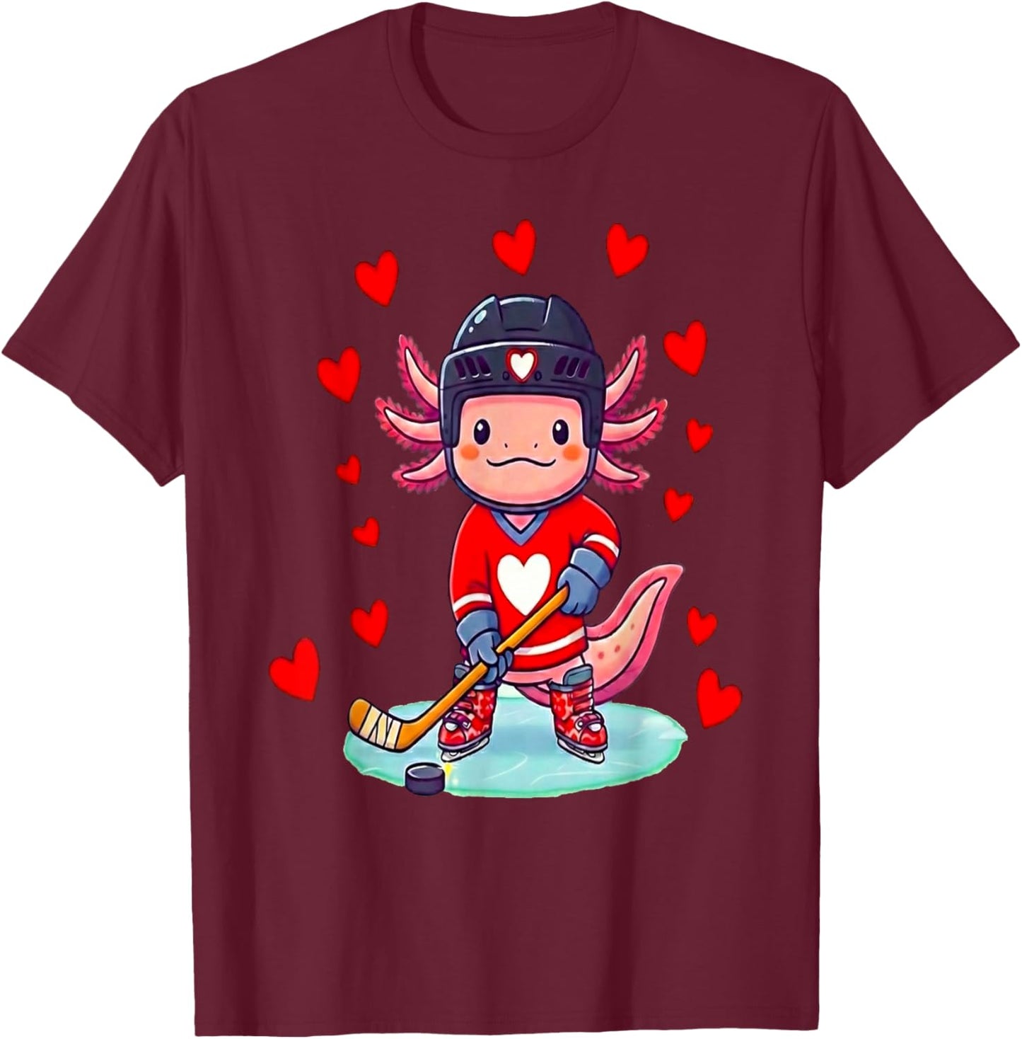 Axolotl Hearts Costume Playing Ice Hockey Valentines Day T-Shirt - T-Shirt | Maroon