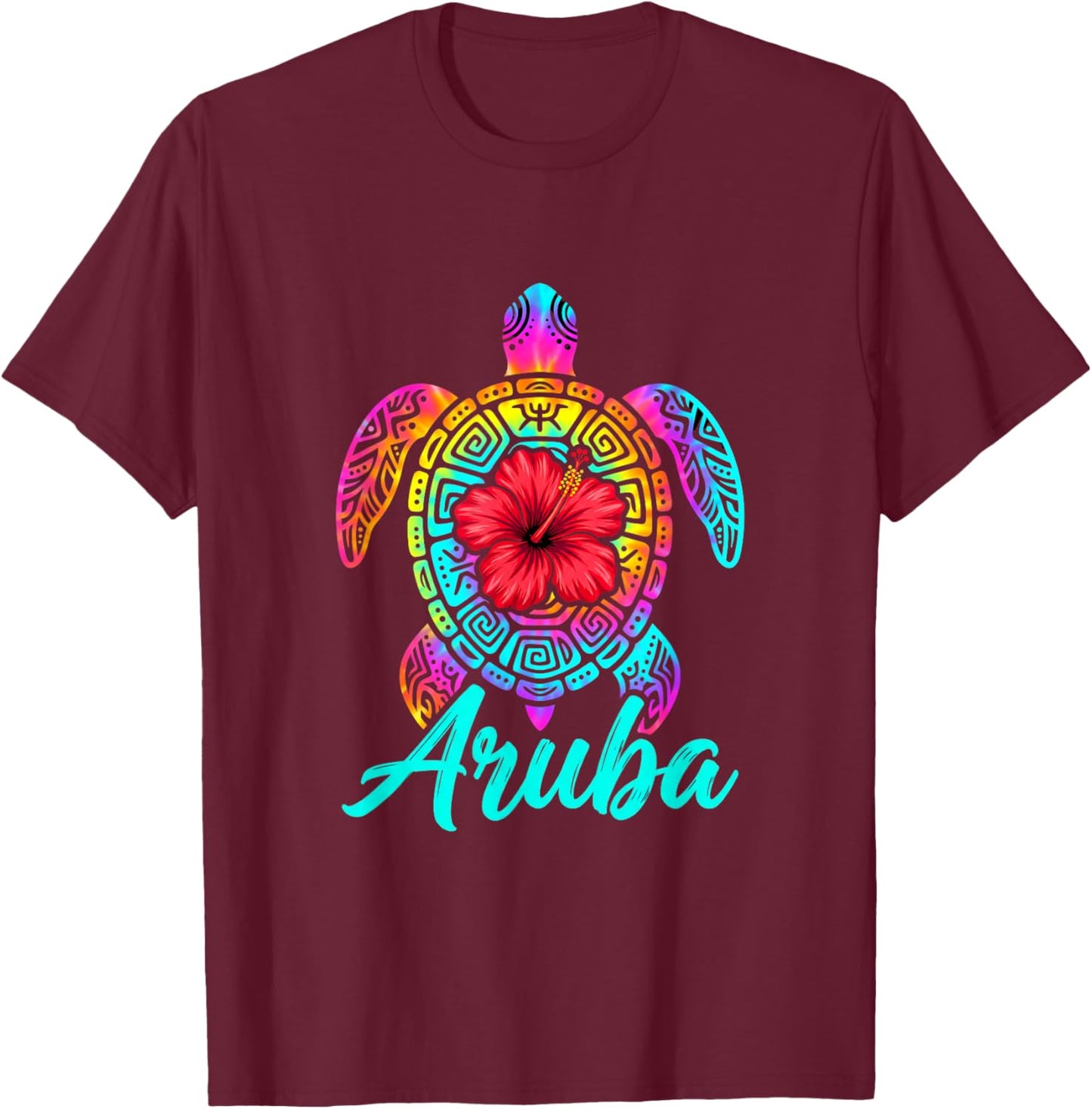 Aruba Sea Turtle Hibiscus Tropical Art T-Shirt - T-Shirt | Maroon