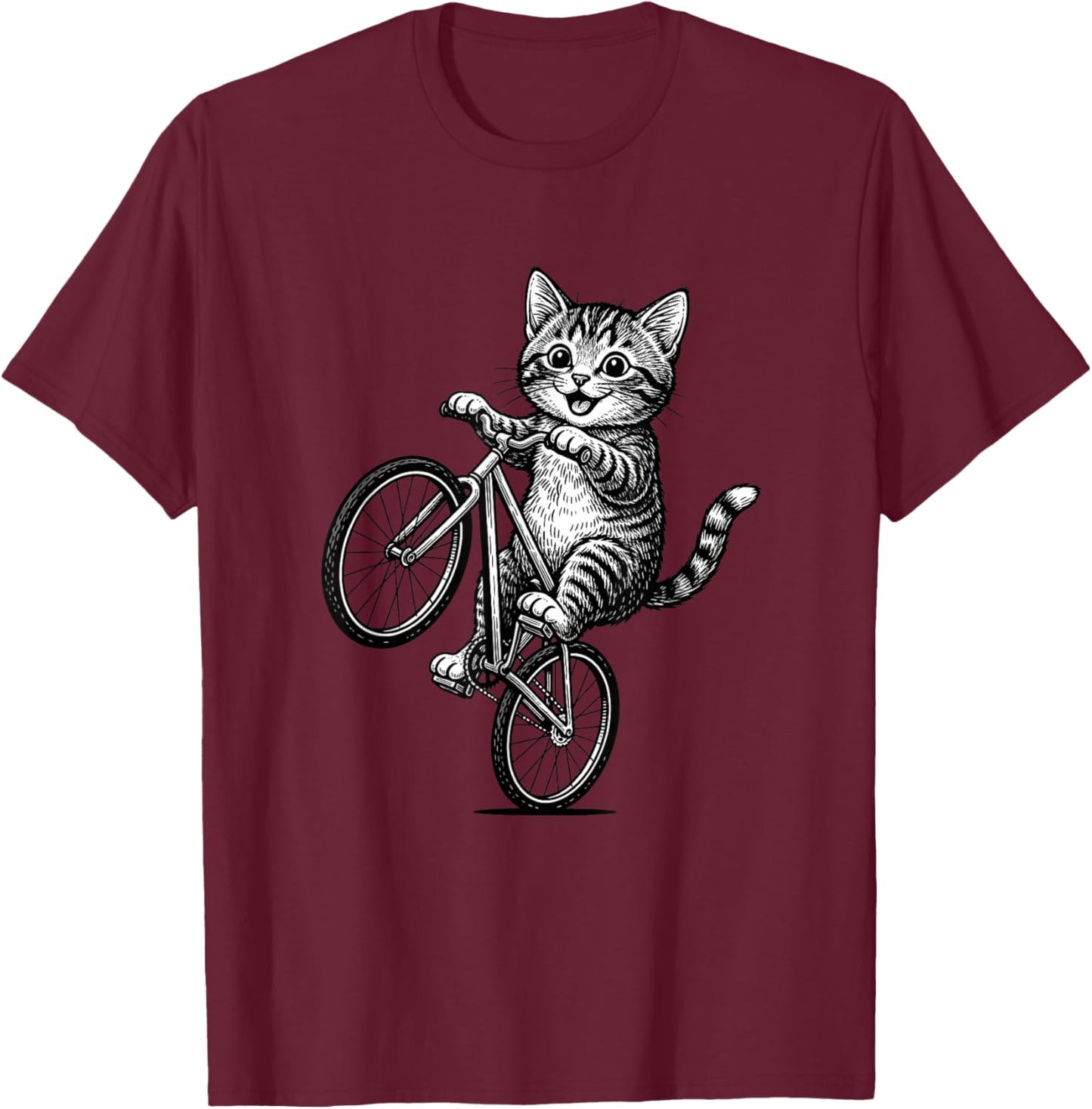 Kitten On A Bike Cat Illustration - Funny Cat Lover Art T-Shirt - T-Shirt | Maroon