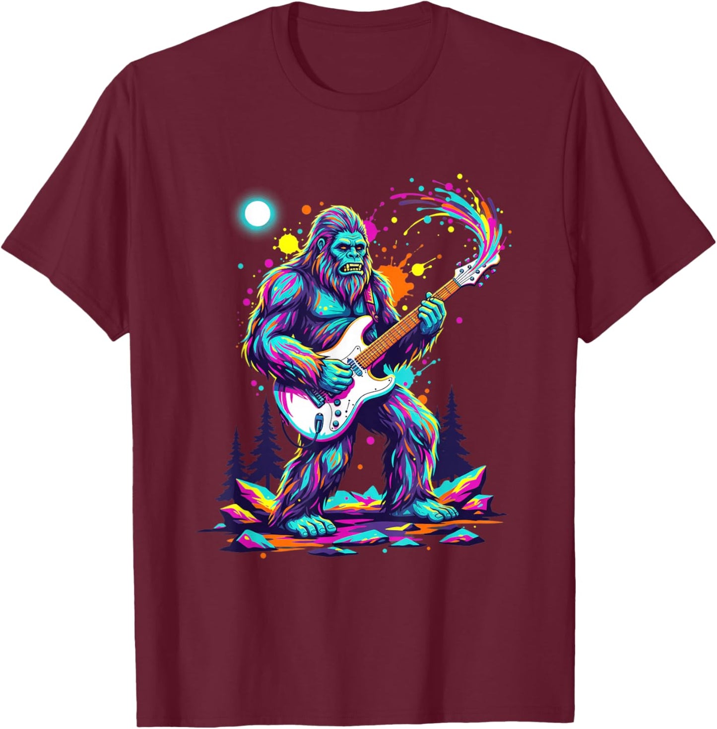 Sasquatch Playing Guitar Rock Concert Monster Art T-Shirt - T-Shirt | Maroon