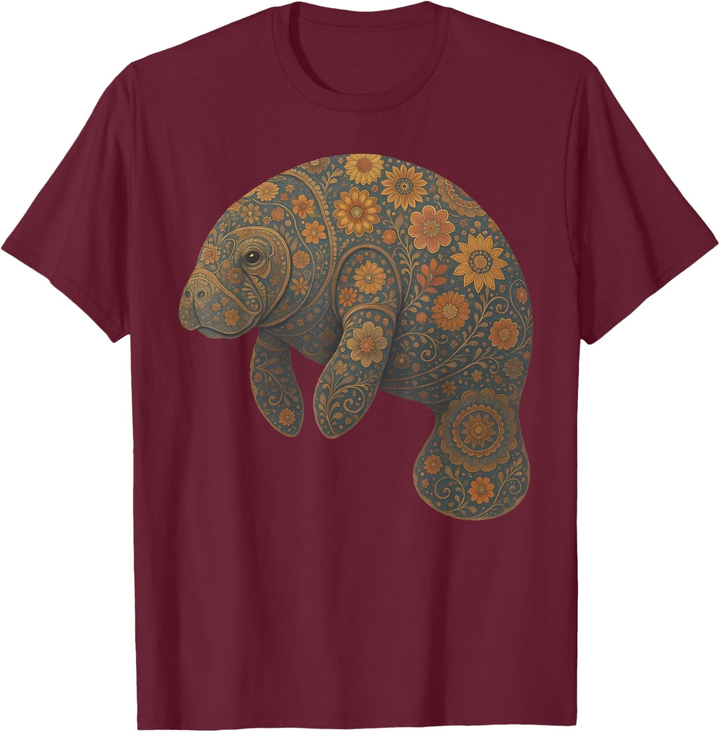 Boho Floral Manatee Whimsical Wildlife Mandala Sea Cow Ocean T-Shirt - T-Shirt | Maroon