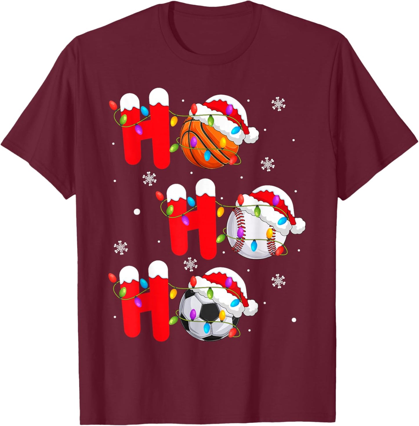Basketball Baseball Soccer Christmas Ho Ho Ho Santa Xmas T-Shirt - T-Shirt | Maroon