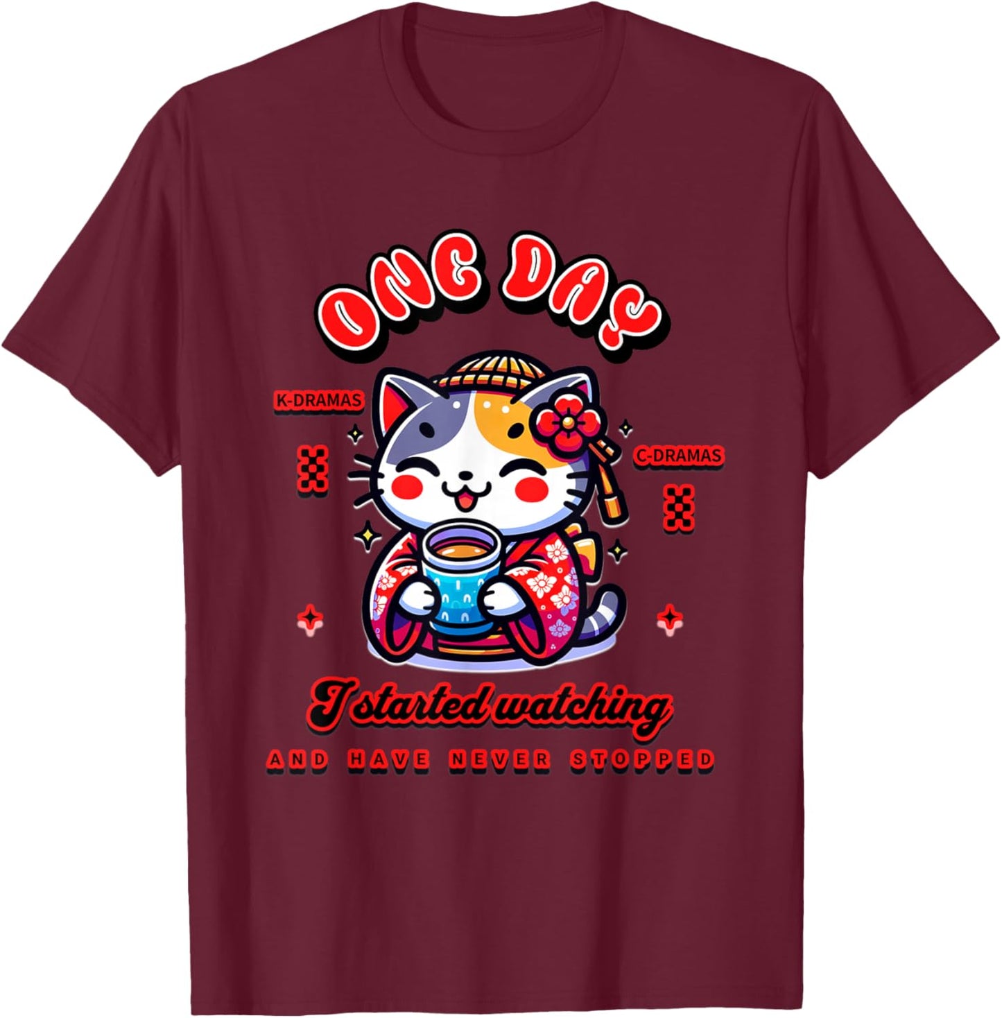 Cute Cat Watching K-Dramas and C-Dramas T-Shirt - T-Shirt | Maroon