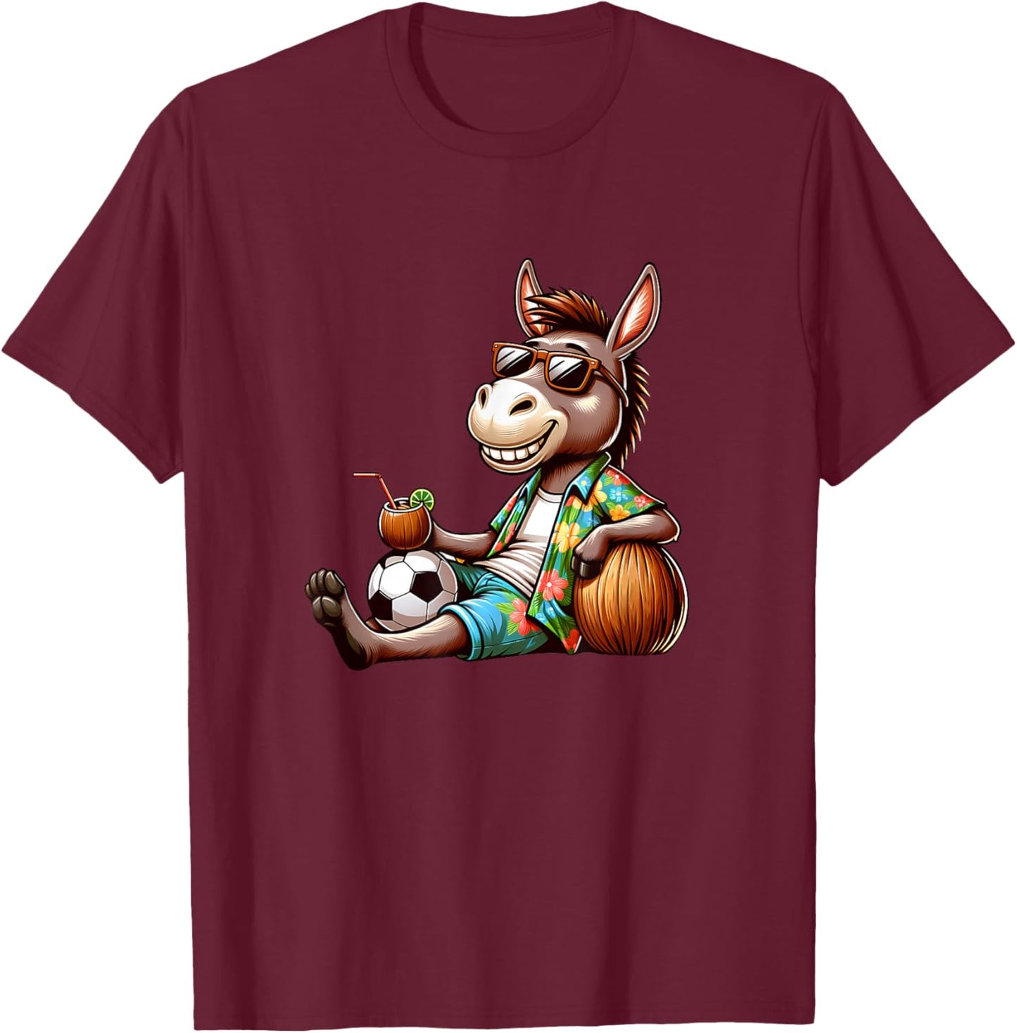 Summer Beach Donkey with Coconut and Soccer Chill T-Shirt - T-Shirt | Maroon
