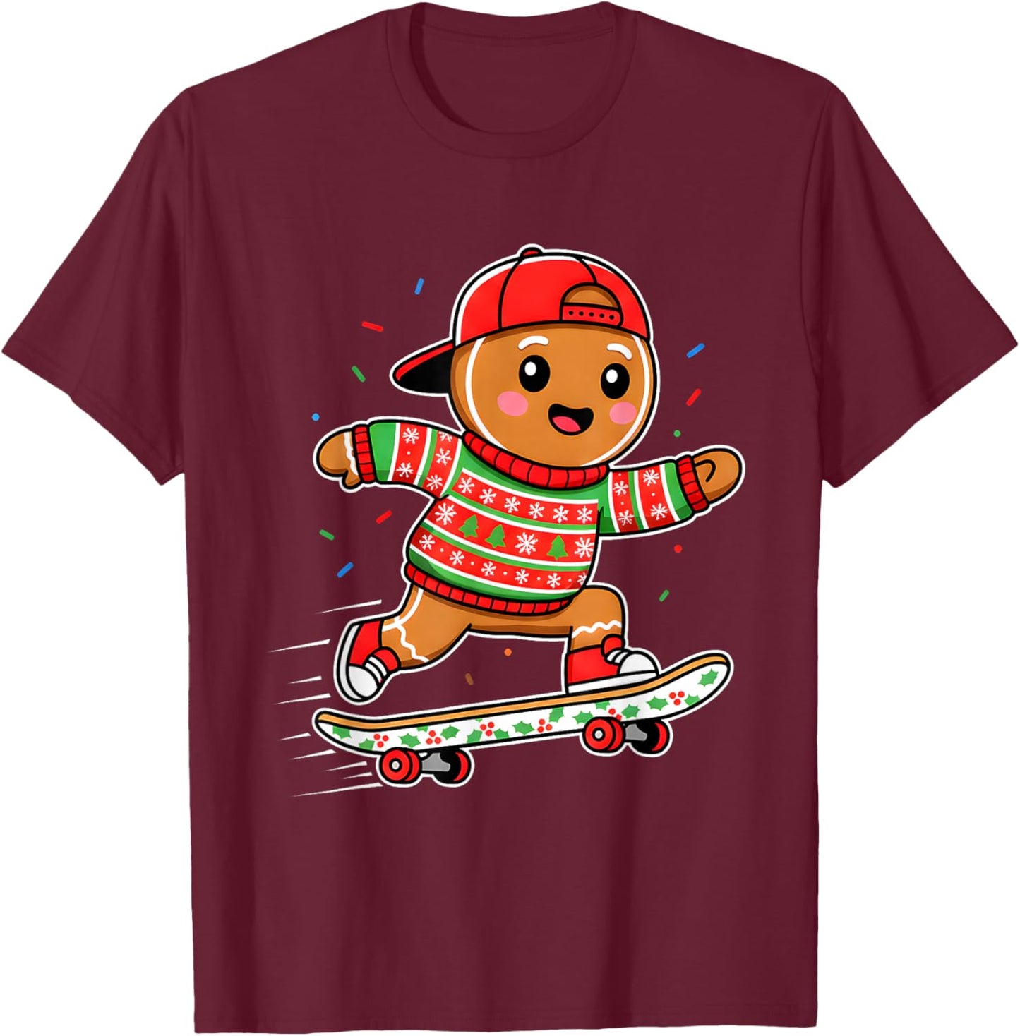 Funny Gingerbread Man Skater Ugly Christmas Sweater T-Shirt - T-Shirt | Maroon