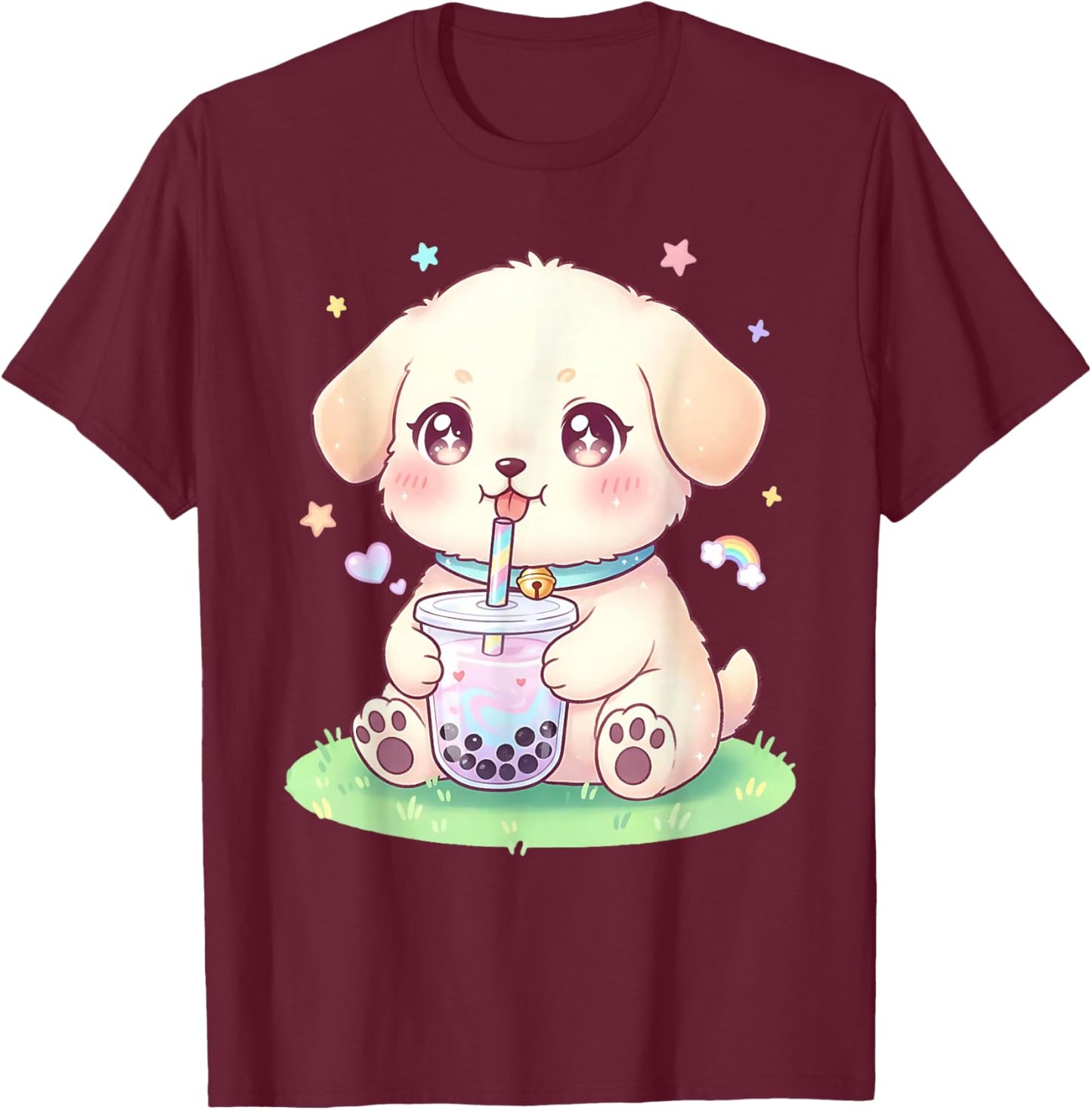 Puppy Dog Drinking Boba Tea Cute Girls Graphic T-Shirt - T-Shirt | Maroon