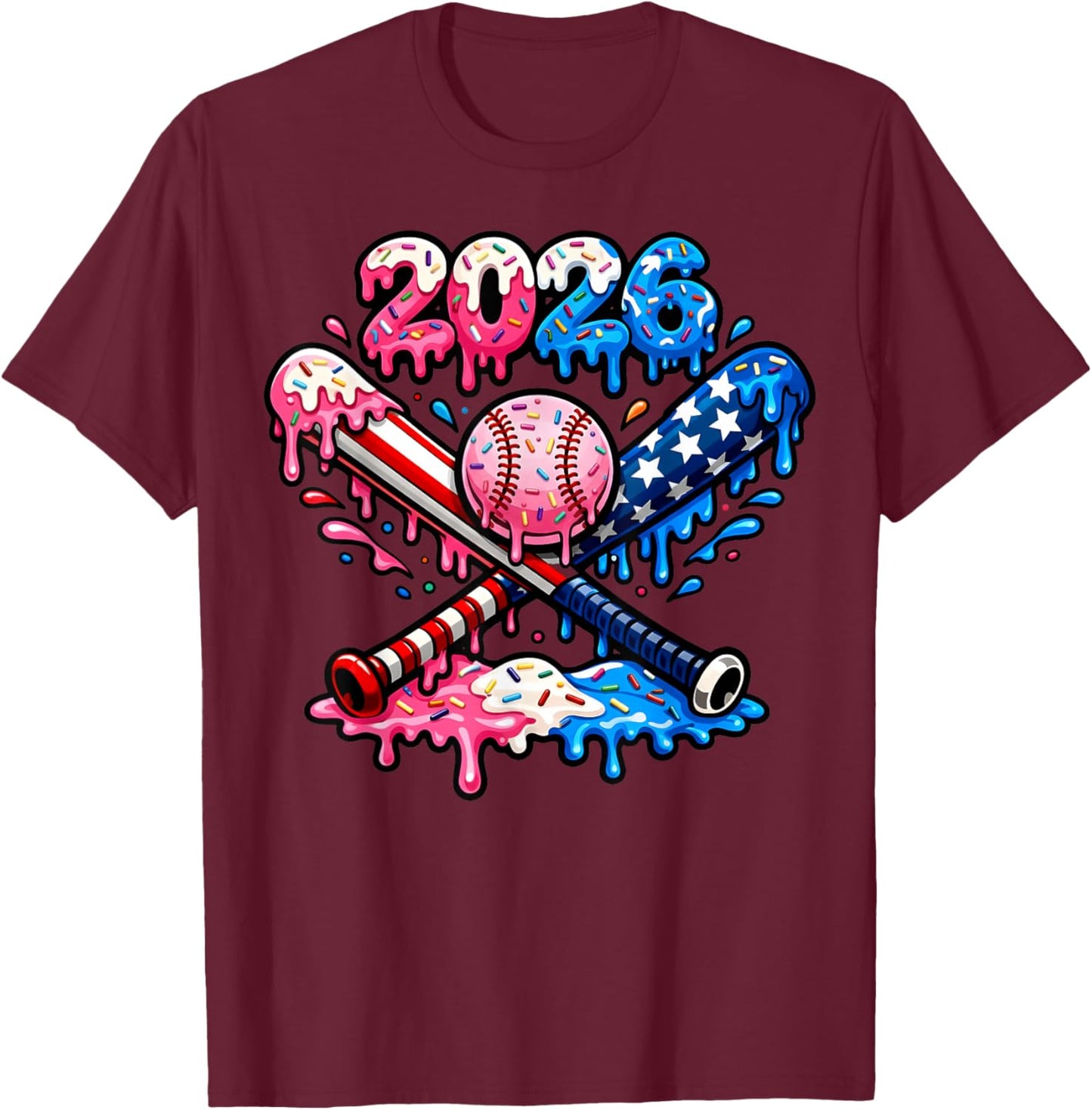 Funny 2026 American Flag Baseball Ice Cream Drip Bats Boys T-Shirt - T-Shirt | Maroon
