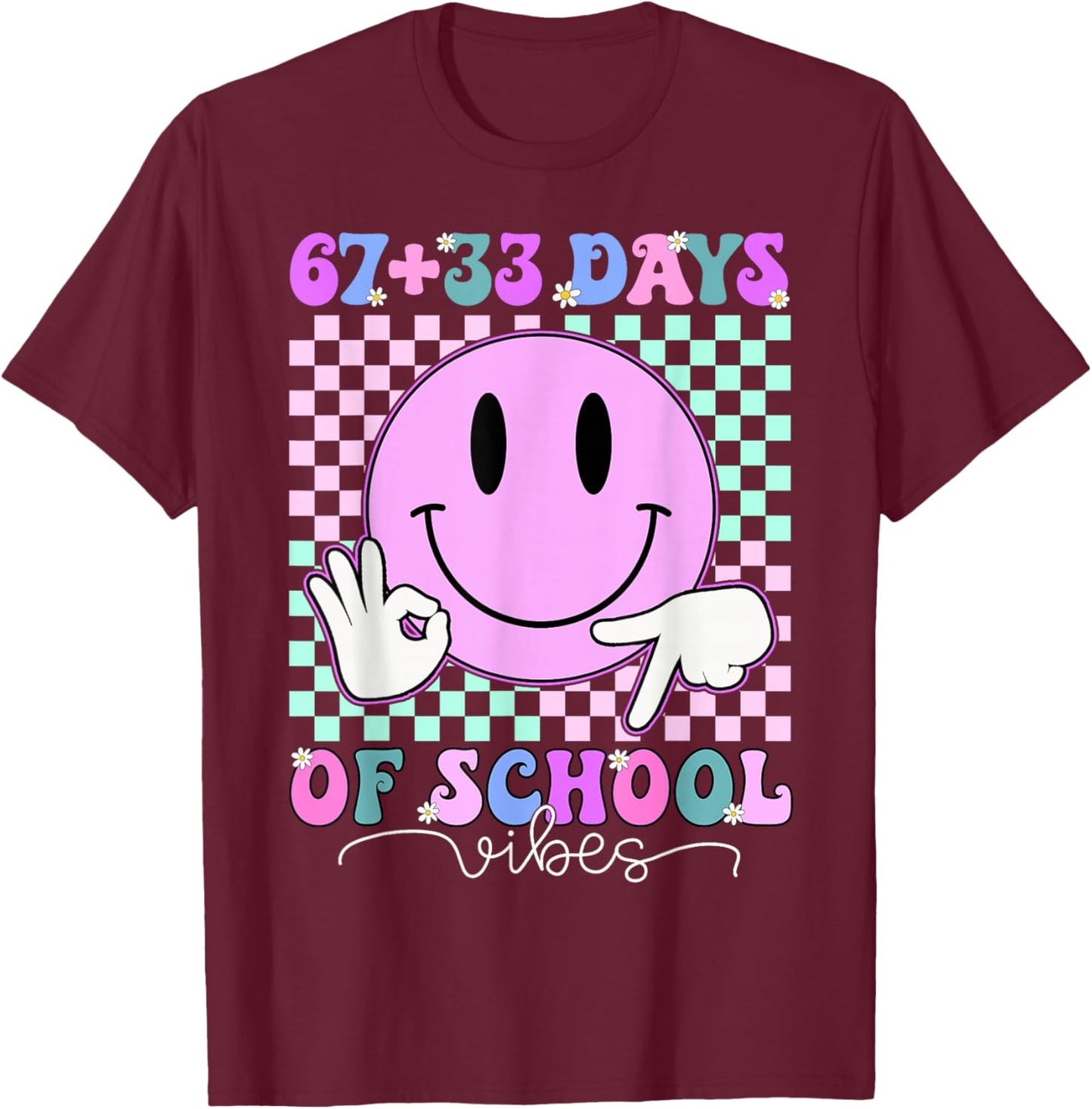 Retro Groovy 67 +33 Days of School 100th Day Kids Boys Girls T-Shirt - T-Shirt | Maroon