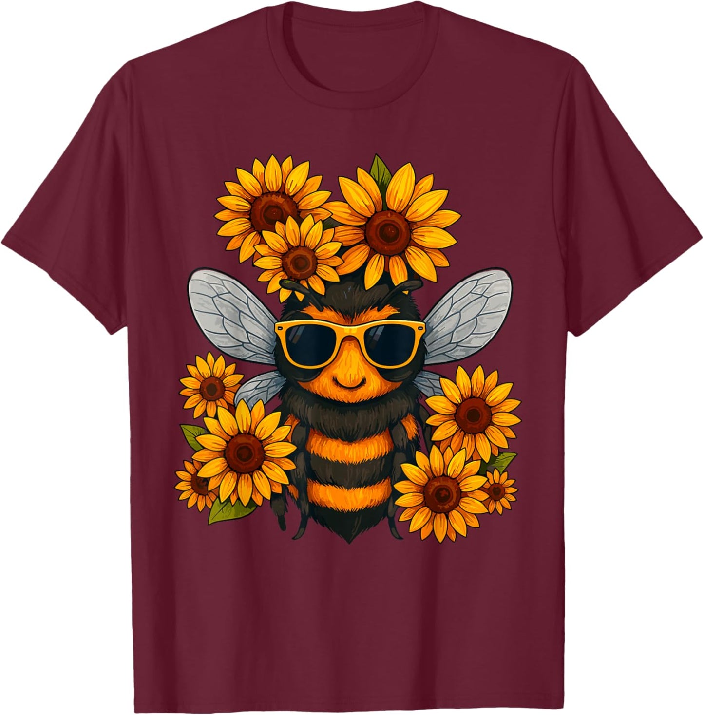 Bee with Sunflowers T-Shirt - T-Shirt | Maroon