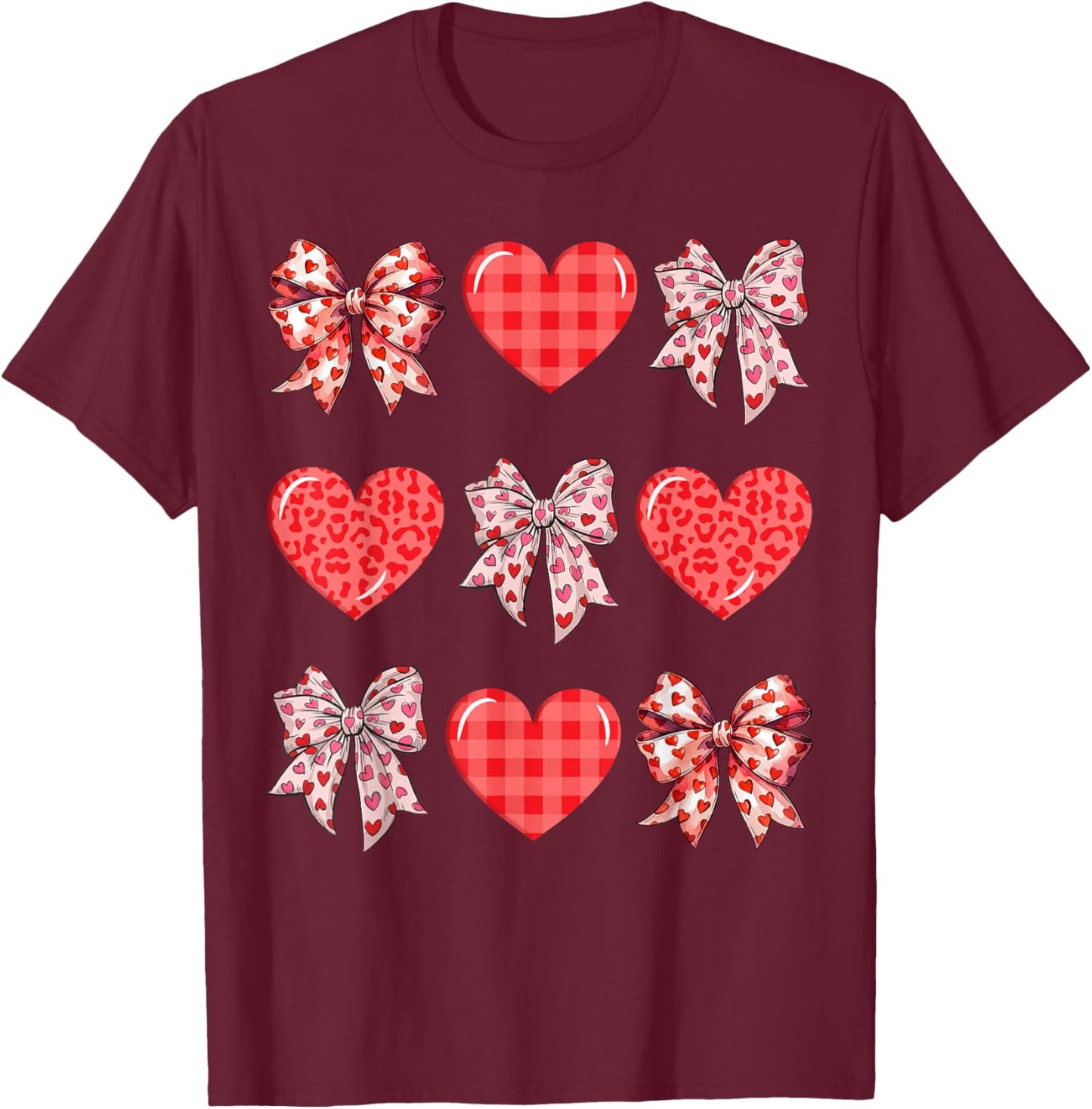 Valentine Day Hearts Leopard Coquette Bow Women Girls Boys T-Shirt - T-Shirt | Maroon