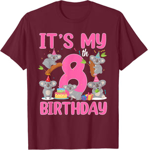 8 Year Old Birthday Girl 8th Birthday Koala Theme Party T-Shirt - T-Shirt | Maroon