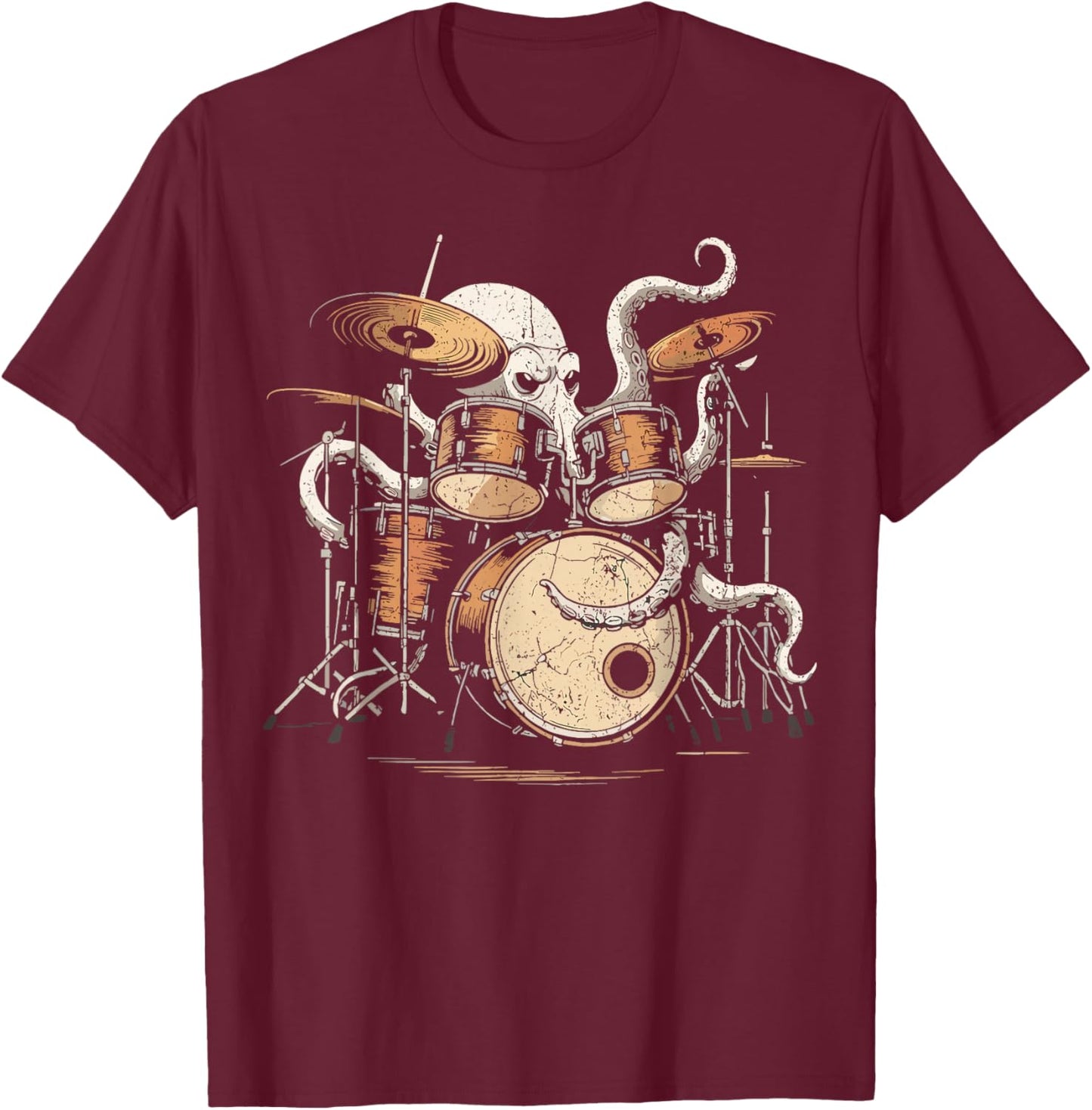 Octopus Playing Drums Retro Rock Drummer T-Shirt - T-Shirt | Maroon