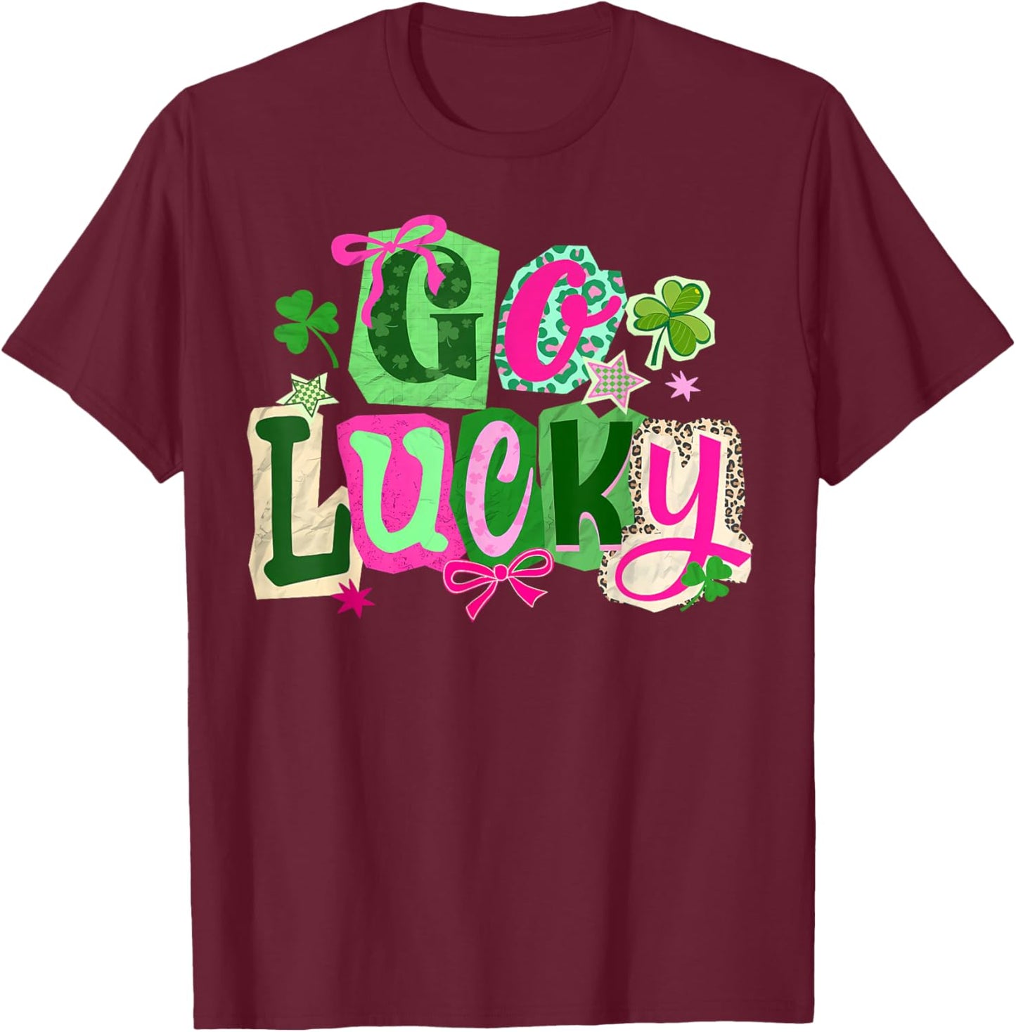 Preppy Happy Go Lucky Coquette Bow Shamrock St Patricks Day T-Shirt - T-Shirt | Maroon
