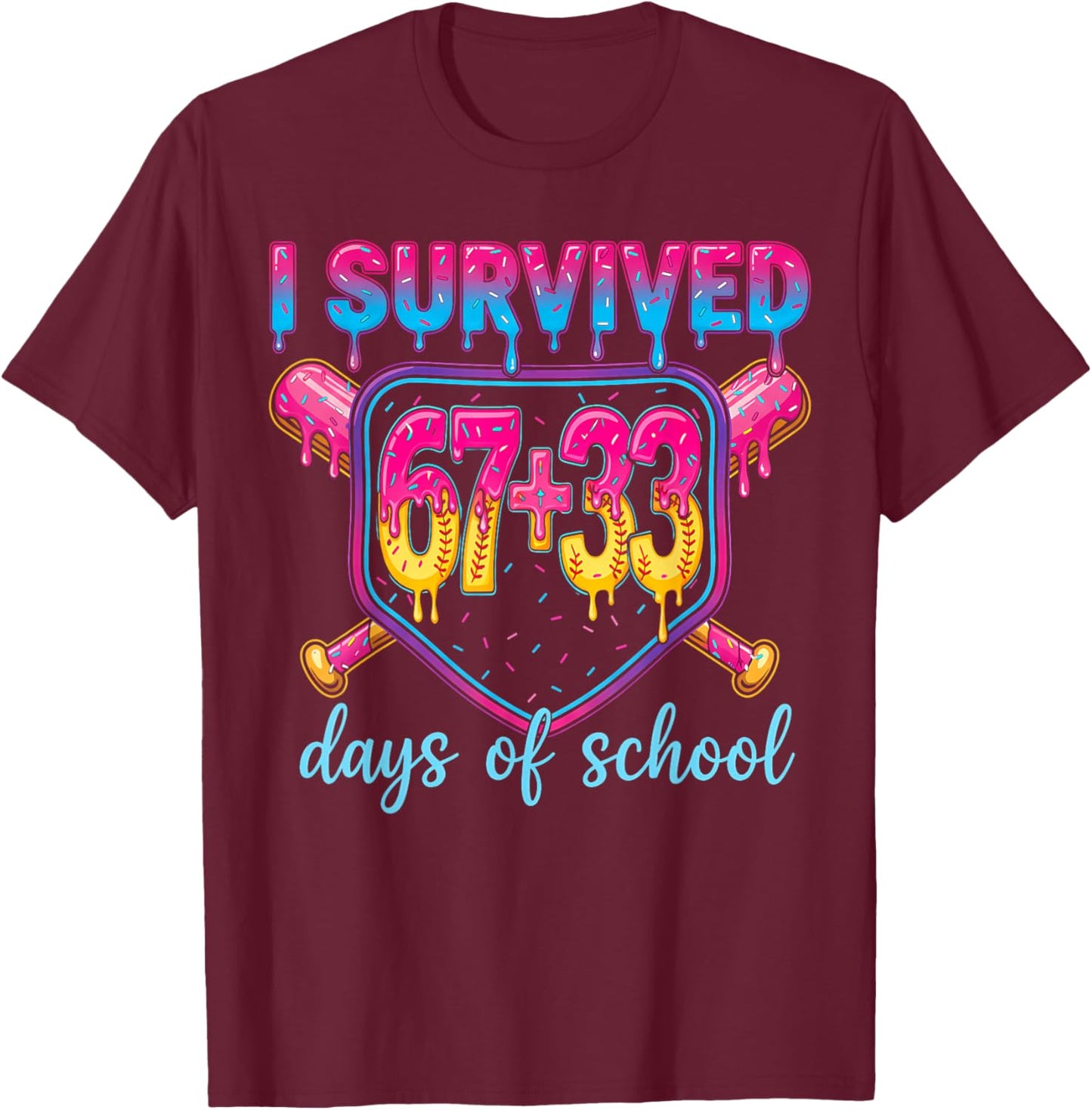 I Survived 67+33 Days of School 100 Days 6 7 Kids Boys Girls T-Shirt - T-Shirt | Maroon