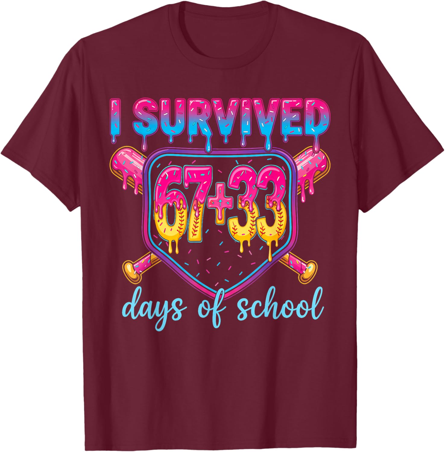 I Survived 67+33 Days of School 100 Days 6 7 Kids Boys Girls T-Shirt - T-Shirt | Maroon