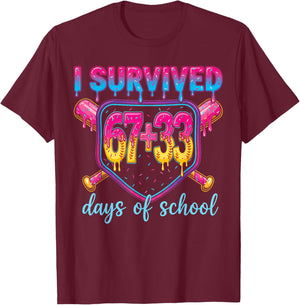 I Survived 67+33 Days of School 100 Days 6 7 Kids Boys Girls T-Shirt - T-Shirt | Maroon