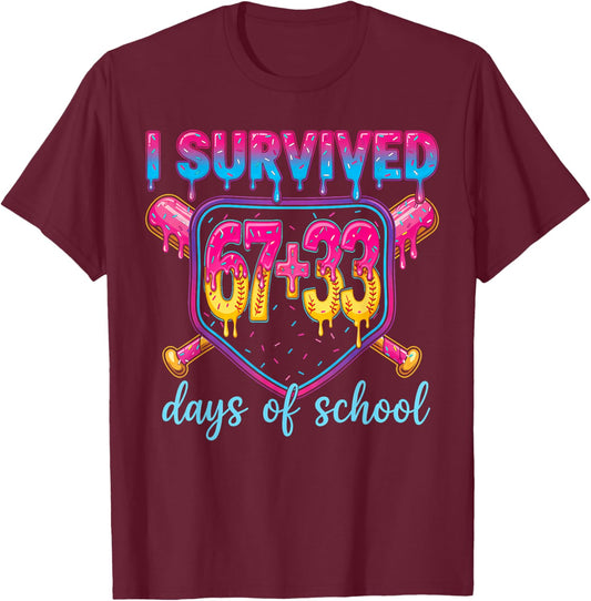 I Survived 67+33 Days of School 100 Days 6 7 Kids Boys Girls T-Shirt - T-Shirt | Maroon