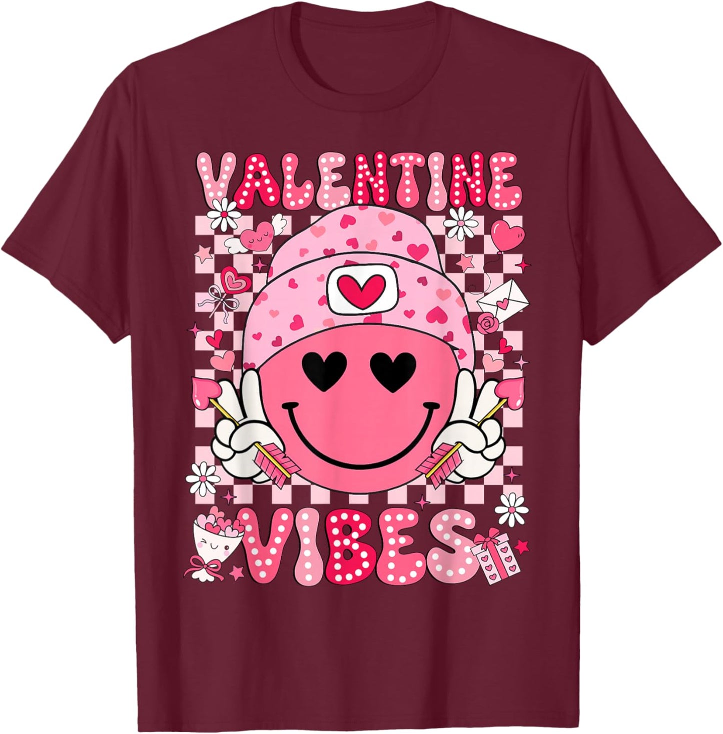 Valentine Vibes Groovy Smile Face Valentines Day Men Women T-Shirt - T-Shirt | Maroon