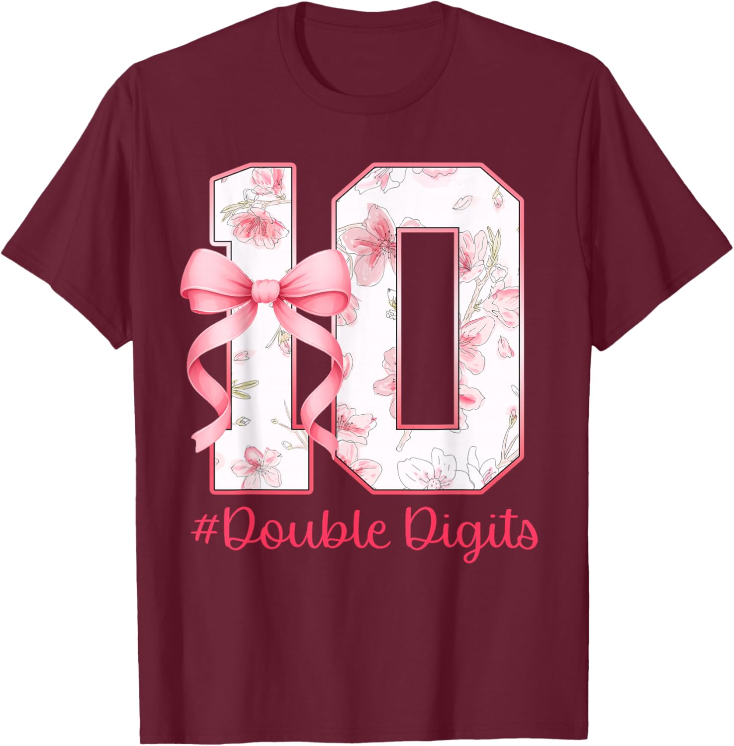 10th Birthday Girl Pink Coquette Bow 10 Year Old Aesthetic T-Shirt - T-Shirt | Maroon