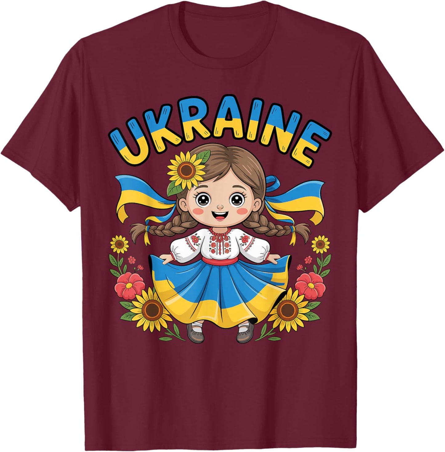 Cute Ukraine Girl Traditional Outfit with Sunflowers Kids T-Shirt - T-Shirt | Maroon