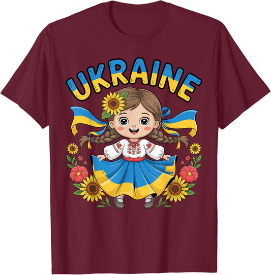 Cute Ukraine Girl Traditional Outfit with Sunflowers Kids T-Shirt - T-Shirt | Maroon