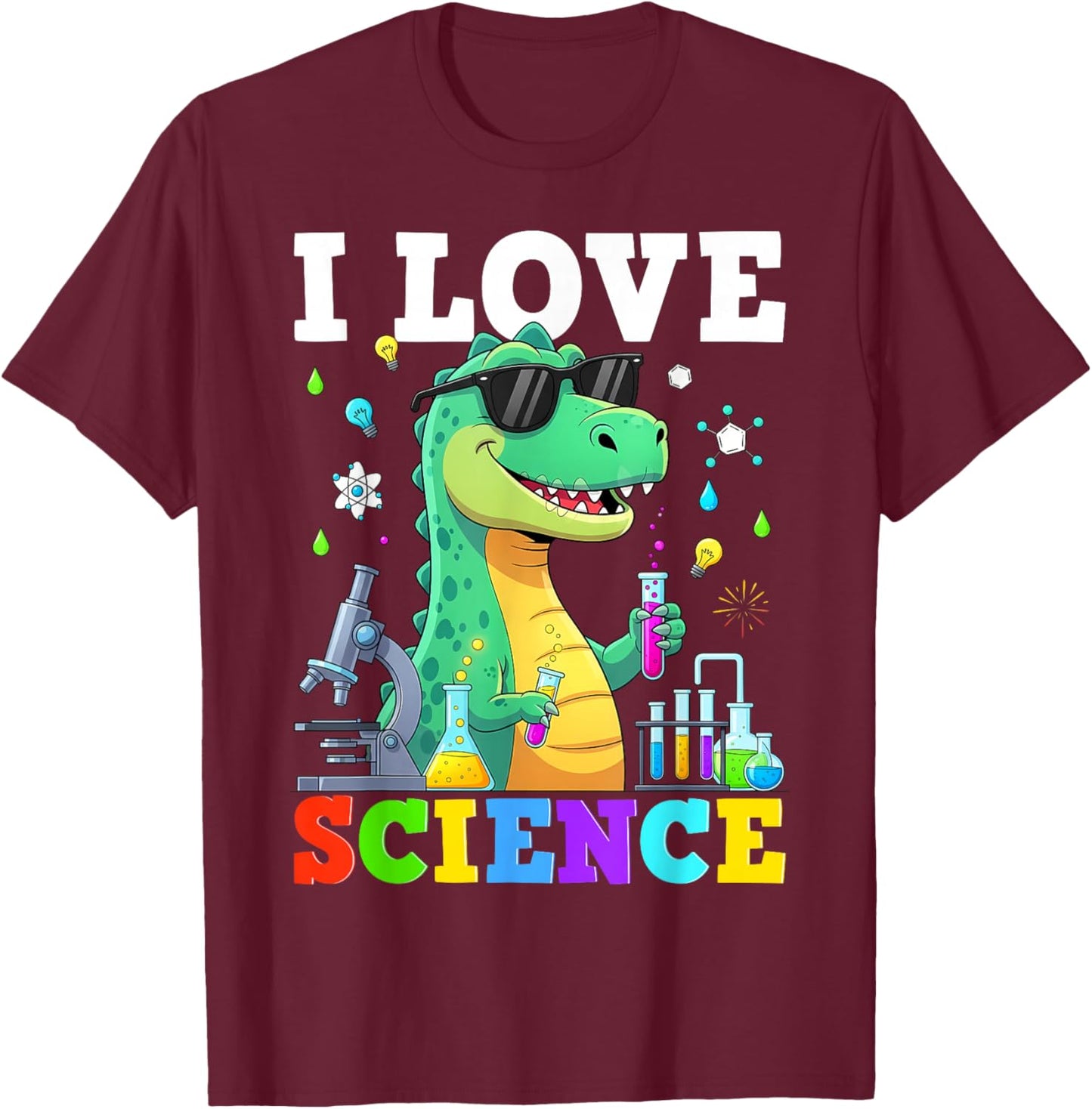 Dinosaur T-rex Design I Love Science Kids Funny Chemistry T-Shirt - T-Shirt | Maroon