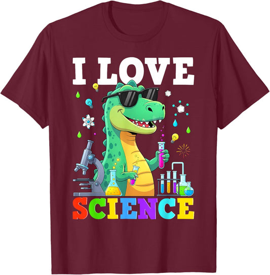 Dinosaur T-rex Design I Love Science Kids Funny Chemistry T-Shirt - T-Shirt | Maroon