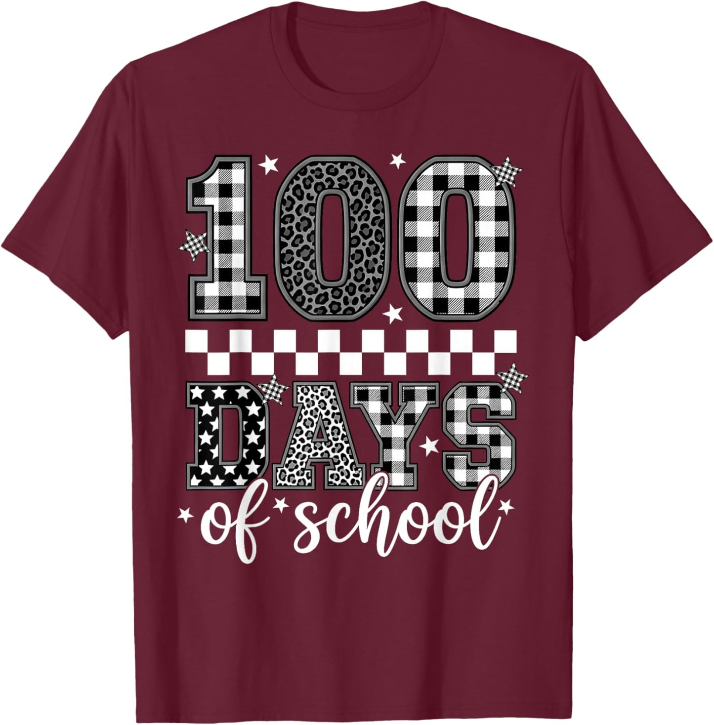 Black White Checkered Leopard 100 Days of School Teacher Kid T-Shirt - T-Shirt | Maroon