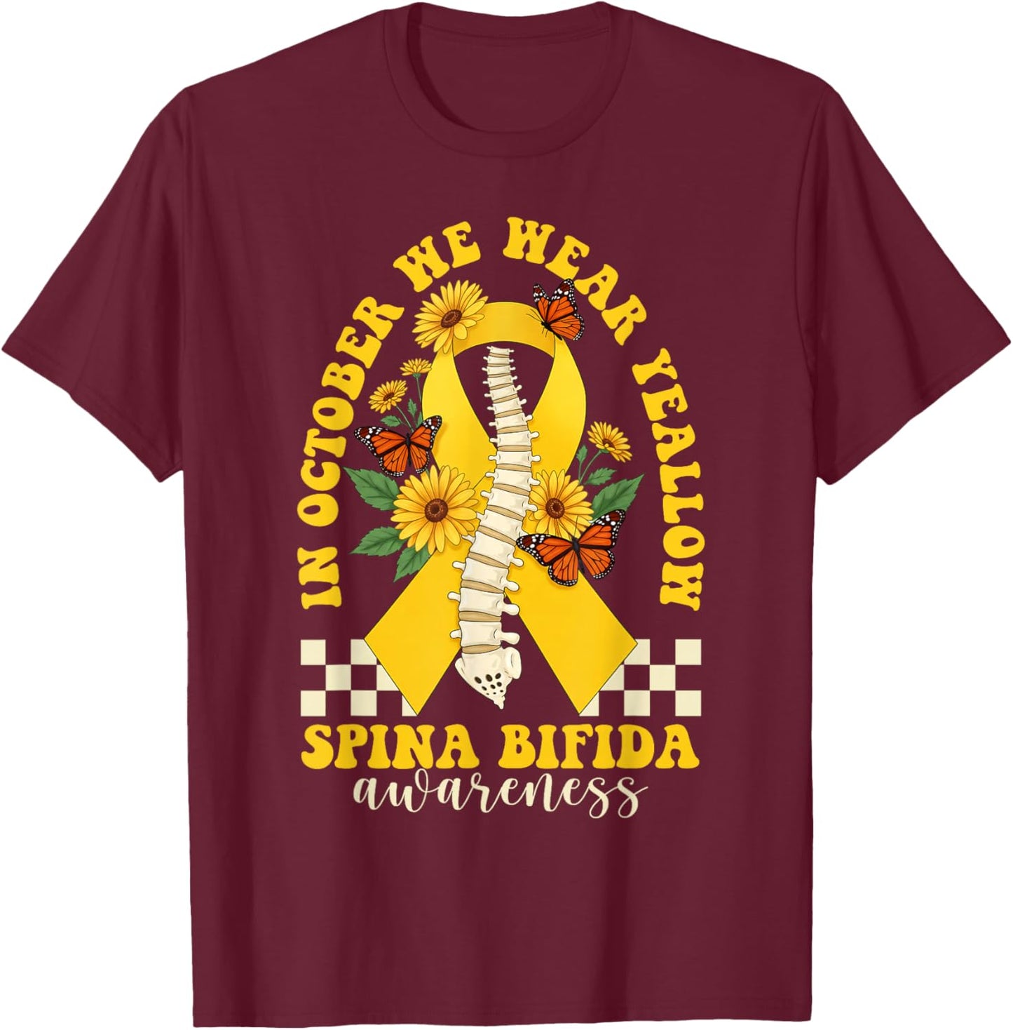 in October We Wear Yellow Ribbon Spina Bifida Awareness T-Shirt - T-Shirt | Maroon