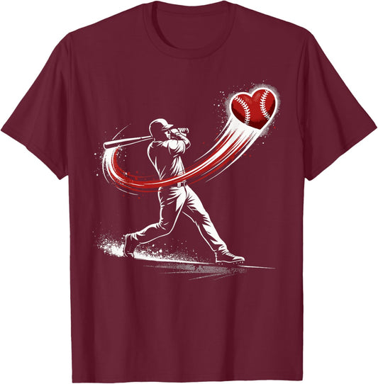 Valentines Day Baseball Batter Silhouette Heart T-Shirt - T-Shirt | Maroon