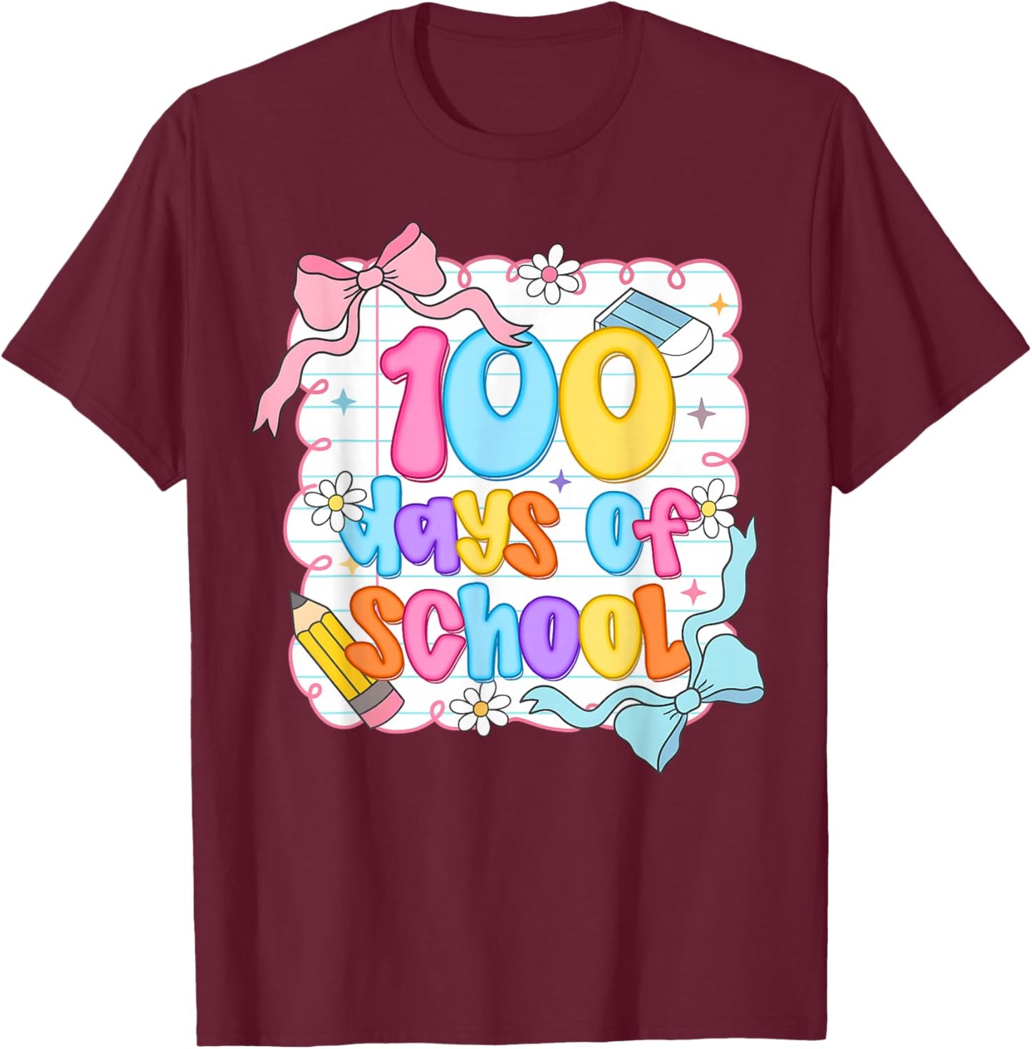 Preppy 100th Day of School 100 Days Teacher Kid Coquette Bow T-Shirt - T-Shirt | Maroon