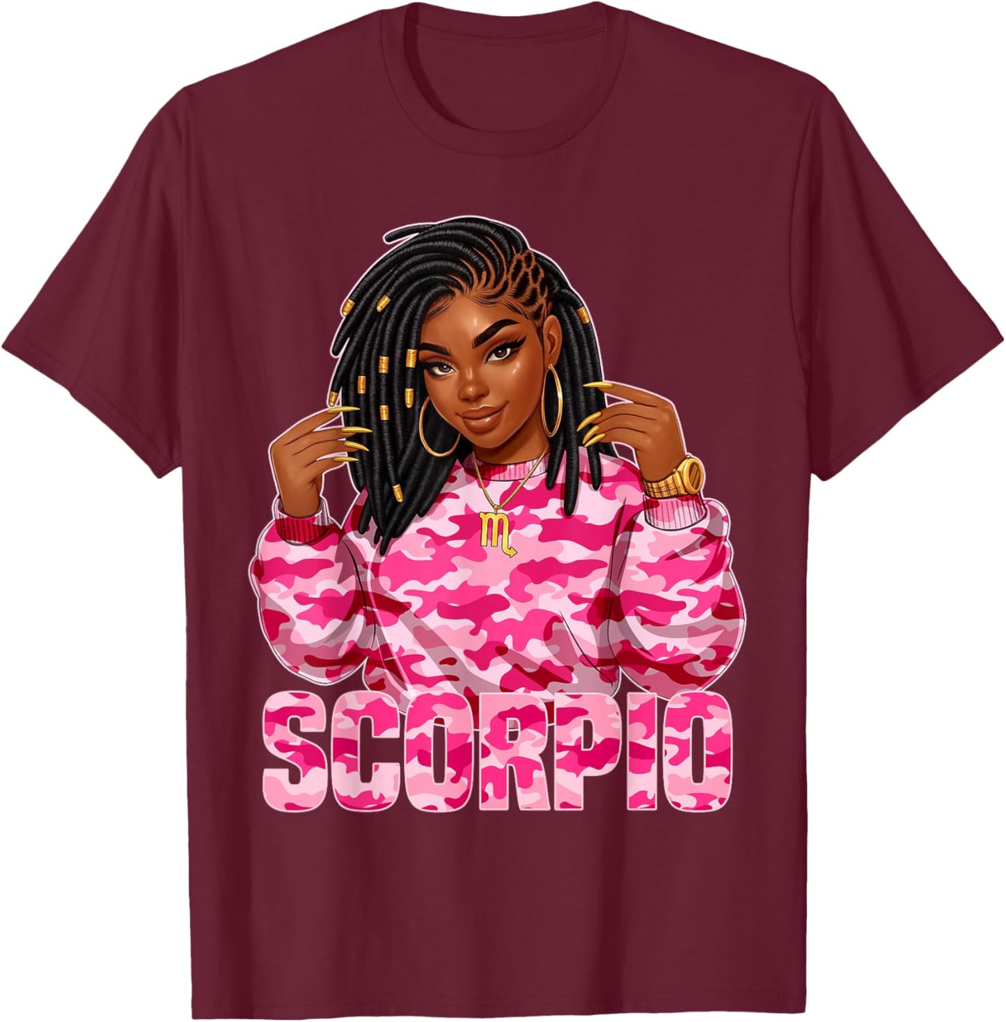Scorpio Queen Loc'd Black Woman Pink Camo Zodiac Sign T-Shirt - T-Shirt | Maroon