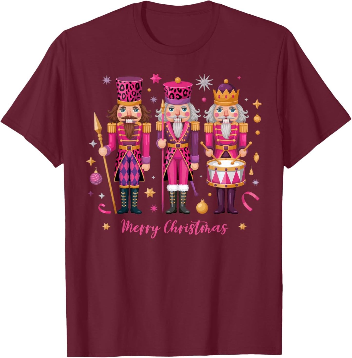 Pink Leopard Nutcracker Christmas Matching Family Men Women T-Shirt - T-Shirt | Maroon