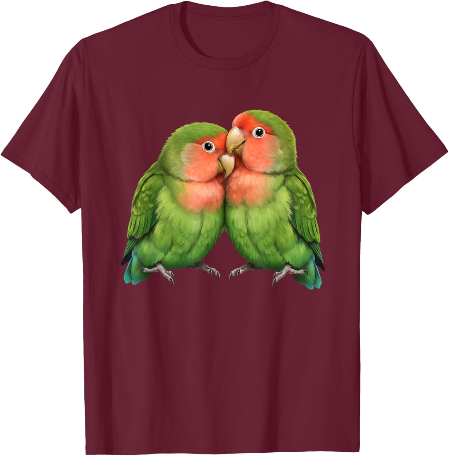 Bird Peach-Faced Lovebirds Cozy Pair Illustration T-Shirt - T-Shirt | Maroon
