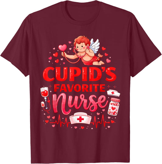 Women's Valentine Cupid’s Favorite Nurse ER Heart Girl Women T-Shirt - T-Shirt | Maroon
