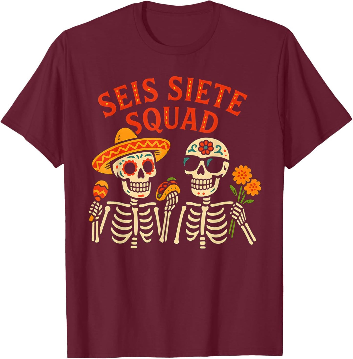 SEIS Siete Mexican Los Muertos Calaveras Sugar Skull 67 Boys T-Shirt - T-Shirt | Maroon