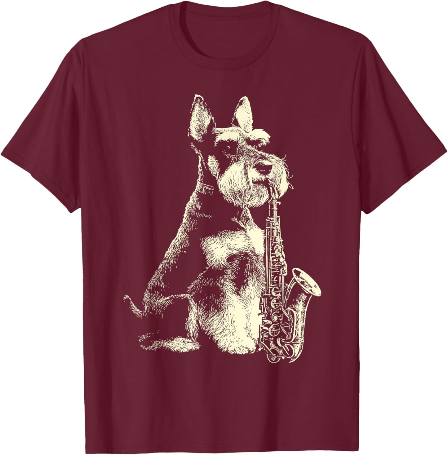 Schnauzer Playing Saxophone Player Funny Jazz Musician Dog T-Shirt - T-Shirt | Maroon
