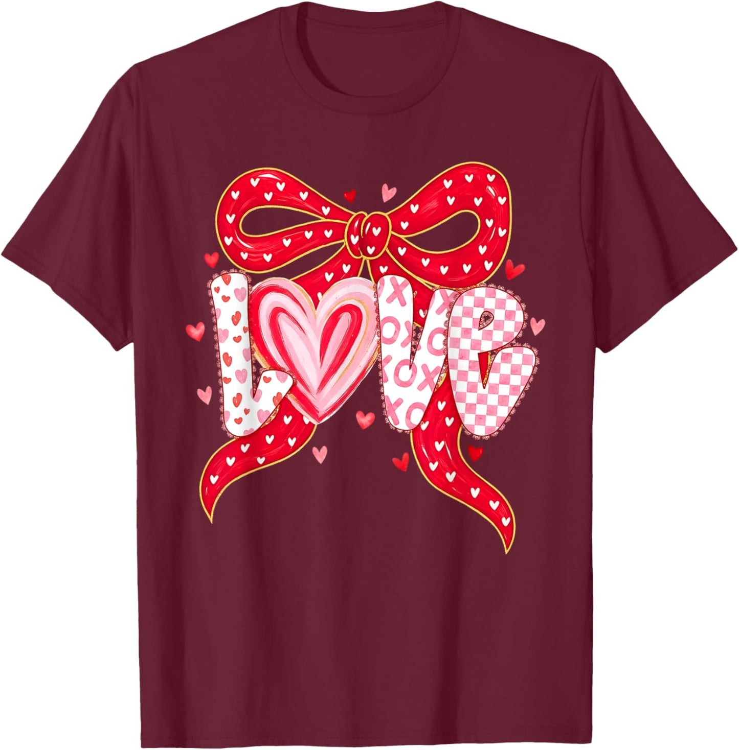 Happy Valentine Pink Coquette Bow Love Women Girls Kids T-Shirt - T-Shirt | Maroon