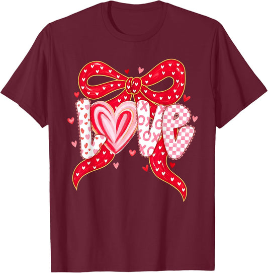 Happy Valentine Pink Coquette Bow Love Women Girls Kids T-Shirt - T-Shirt | Maroon