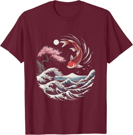 Japanese Sakura Koi Great Wave Cherry Blossom Lover Gifts T-Shirt - T-Shirt | Maroon
