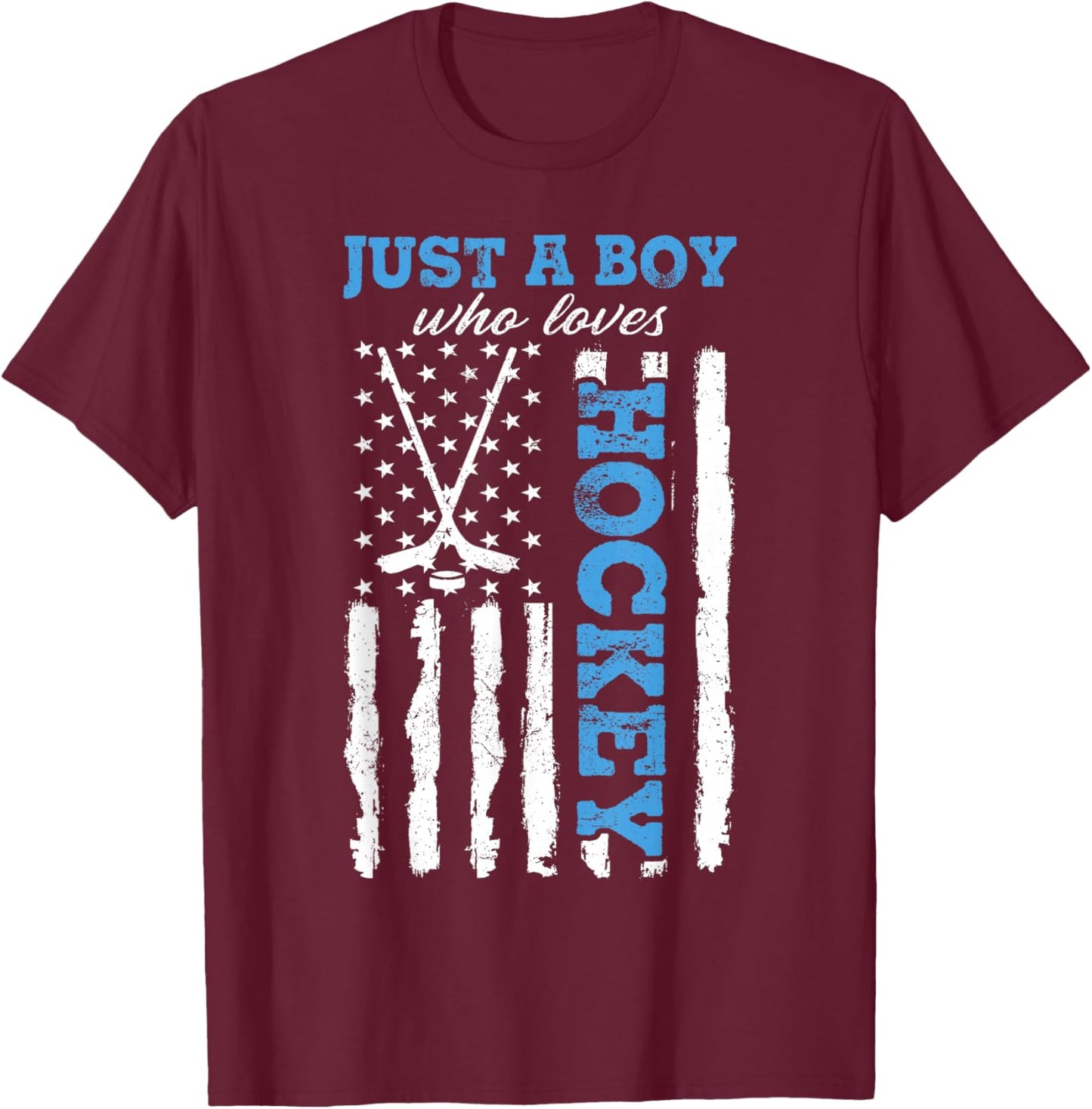 Just A Boy Who Loves Hockey USA Flag Ice Hockey Boys Kids T-Shirt - T-Shirt | Maroon