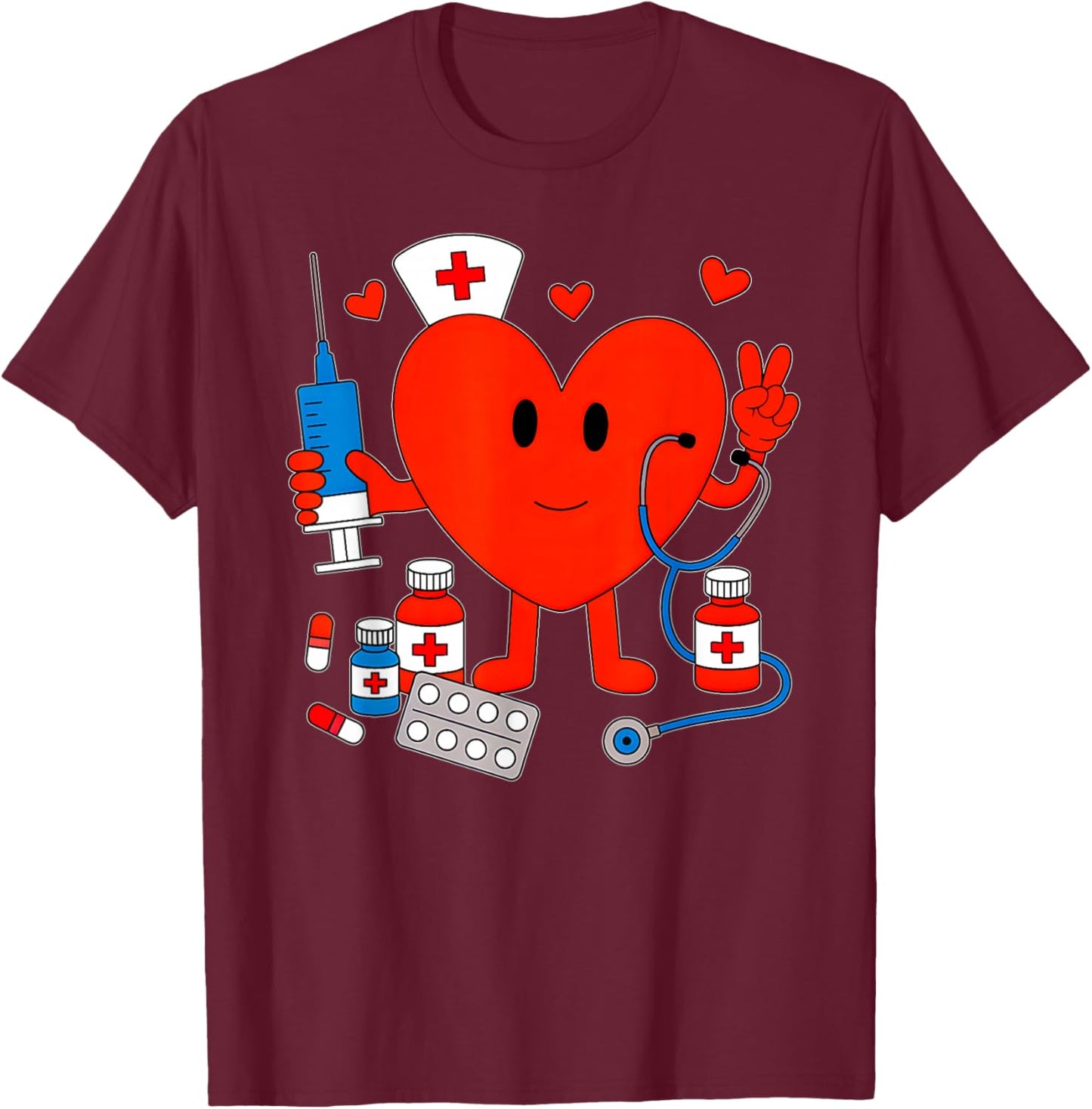 Valentines Day Nurse Heart Nursing Scrub Top Girls Women T-Shirt - T-Shirt | Maroon