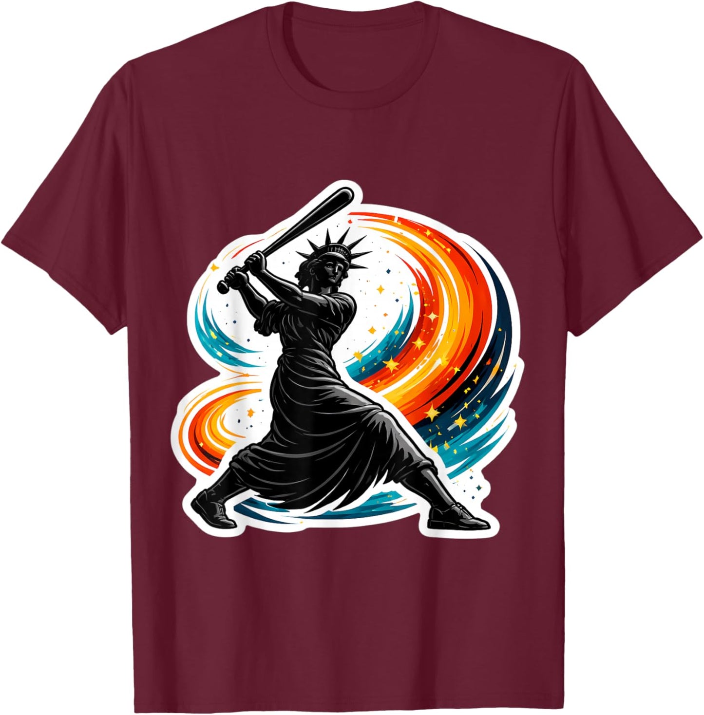 Statue of Liberty Swinging Baseball Bat American Softball T-Shirt - T-Shirt | Maroon